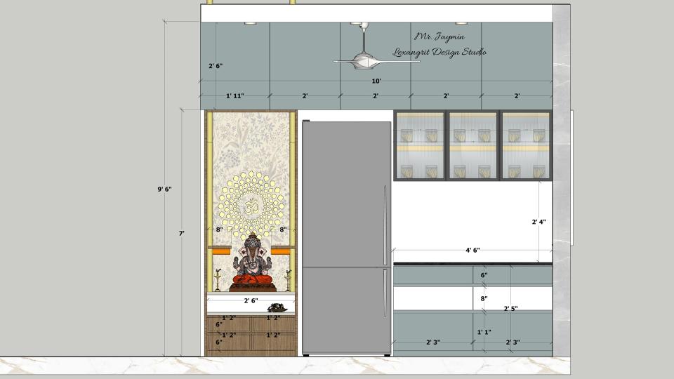 Image of the kitchen showcasing a spacious pantry area with open shelving and storage units against small puja unit 2d dimensions