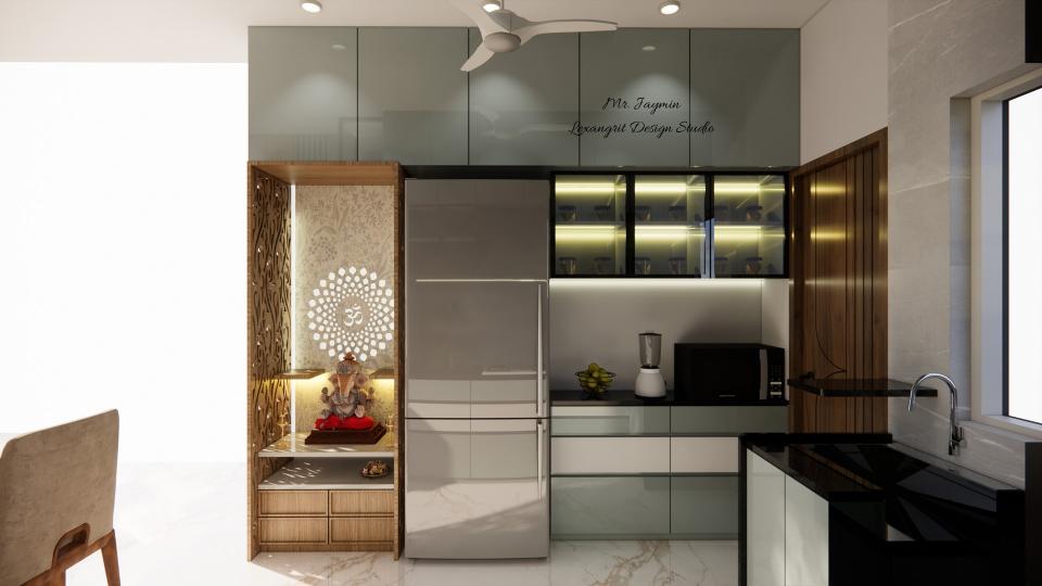 Image of the kitchen showcasing a spacious pantry area with open shelving and storage units against small puja unit