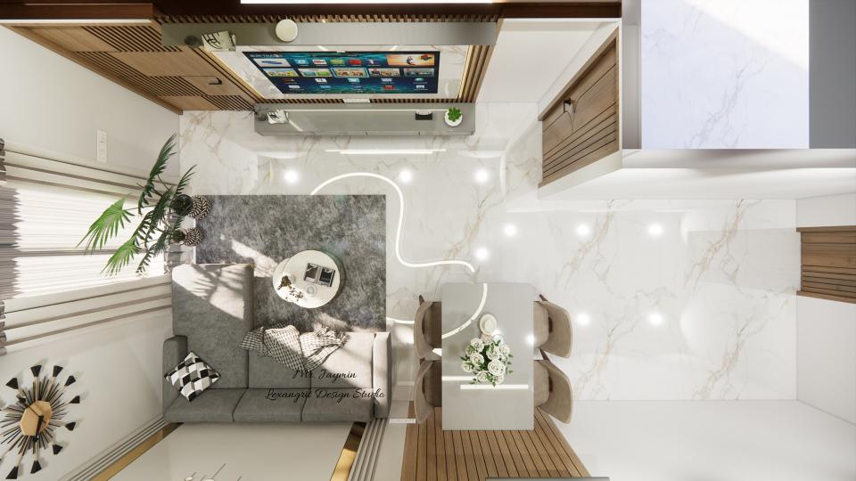 Living room and dining top view floor plan with L-shaped sofa, TV unit beside main door and 4-seater dining table in drawing room layout