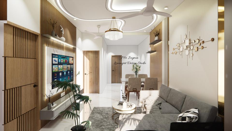 Living room seating area with large comfortable sofa, wooden coffee table, stylish floor lamp against a neutral beige toned accent wall.