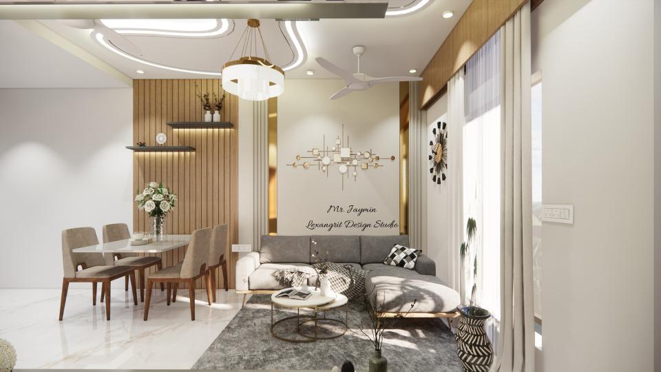 Living room sofa back wall with plain painted wall, center art piece, 4 inch thick golden metal strips, white louvers, with dining table and wooden rafters.