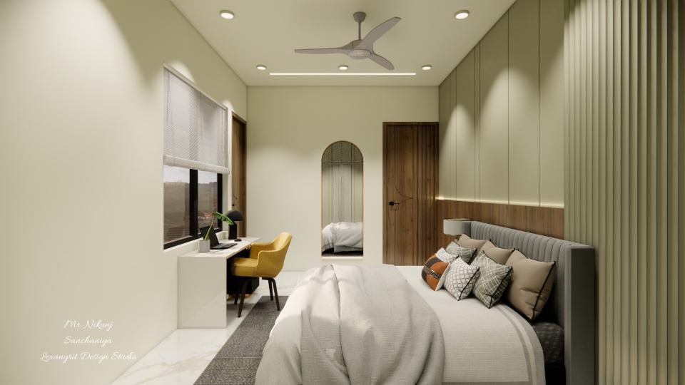 Kids Bedroom Showing crazy bed ,study table and decorative headboard wall ,round  shape mirror