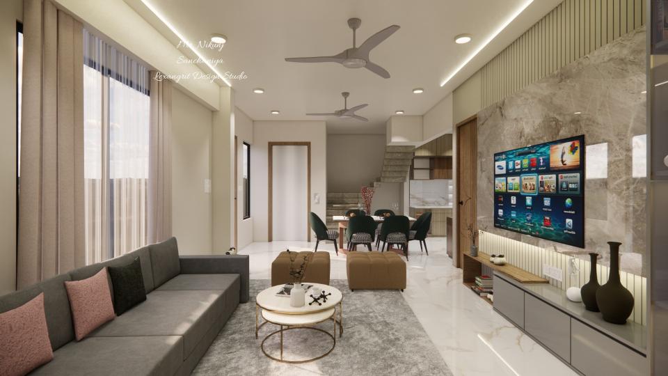 Living room showcasing sleek tv unit and decorative wall, seating area front of center table