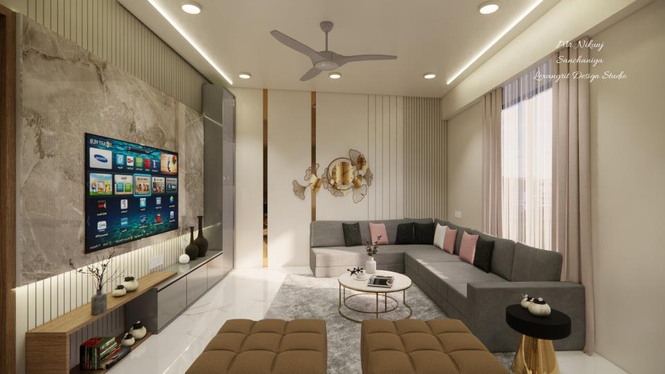 Livning room showcasing luxurious & comfortable seating area front of tv unit and decorative wall design
