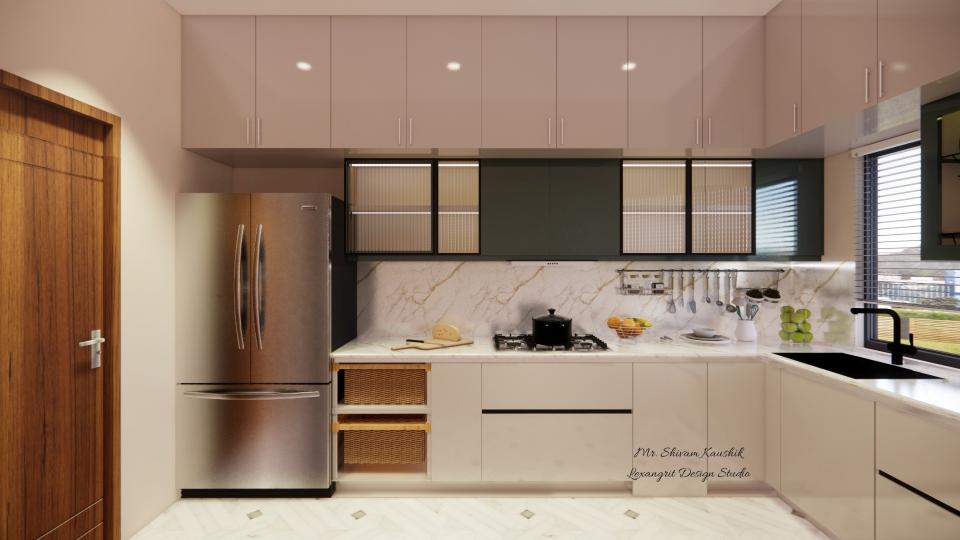 Image of the modular kitchen displaying a functional cooking area with a gas stove, oven, 2 drawer unit, wiker busket unit, bottol pullout unit, gas cylinder unit, corner unit