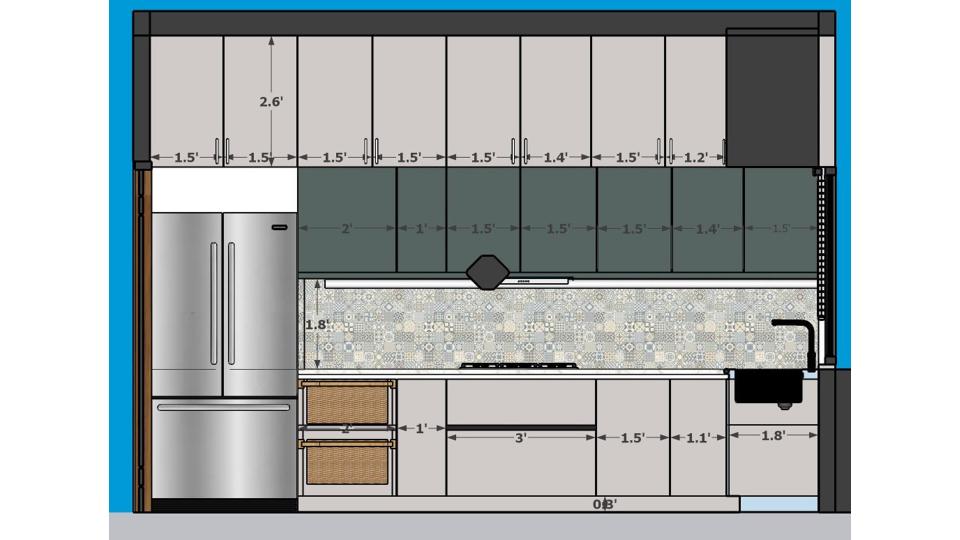 Image of the modular kitchen displaying a functional cooking area with a gas stove, oven, and a range hood against a tiled wall 2d  dimensions