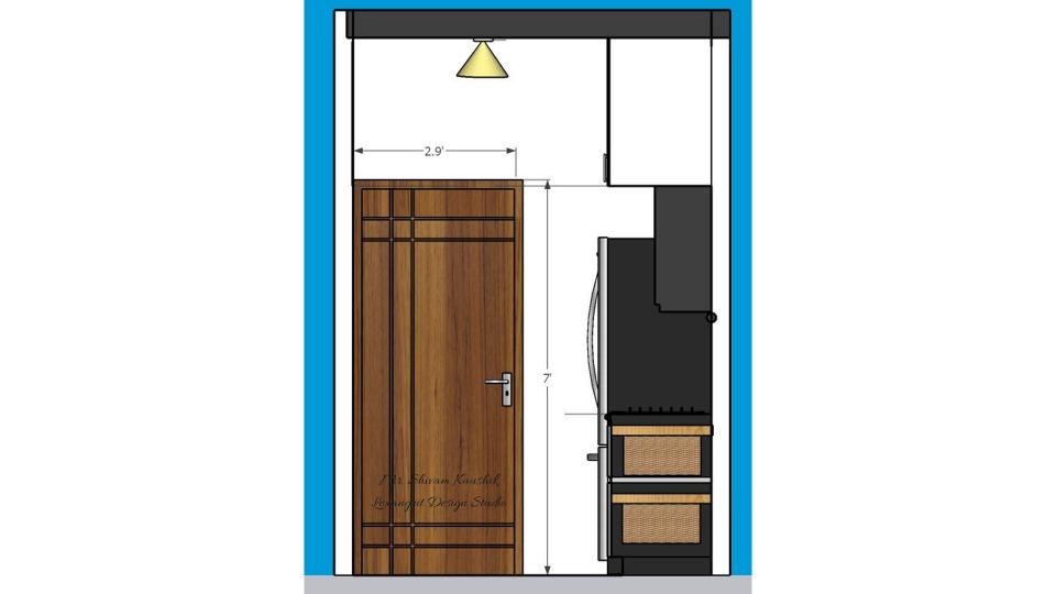 Image of the modular kitchen displaying a functional cooking area with a gas stove, oven, and a range hood against a tiled wall 2d dimensions