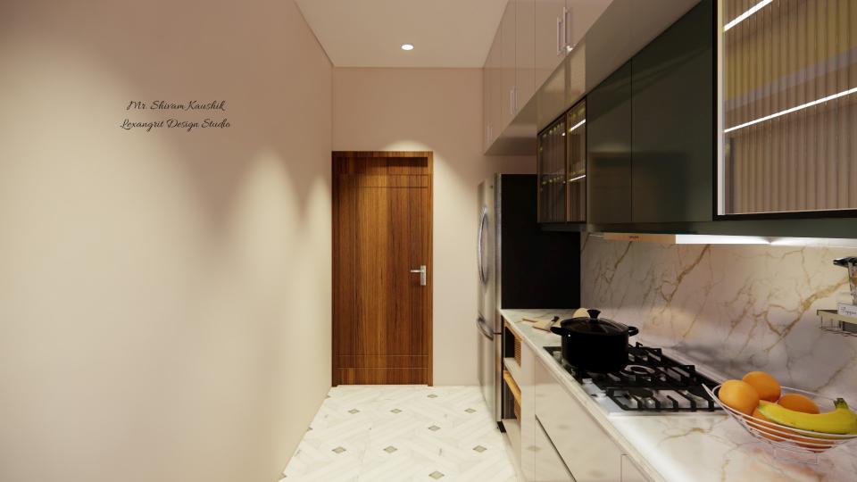 Image of the modular kitchen displaying a functional cooking area with a gas stove, oven, and a range hood against a tiled wall