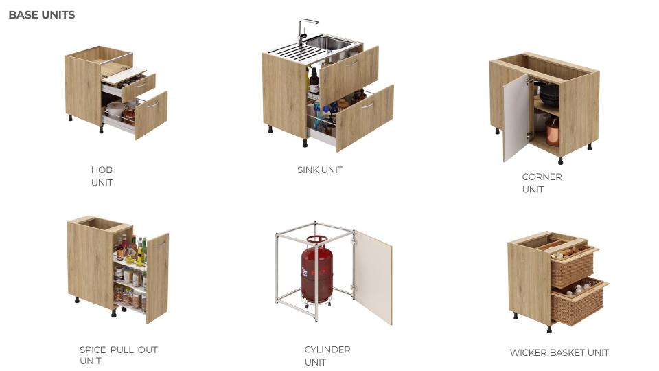 Modular kitchen HOB unit, Sink unit, Corner unit, Spice Pull out unit, Gas cylinder unit, Wiker busket unit