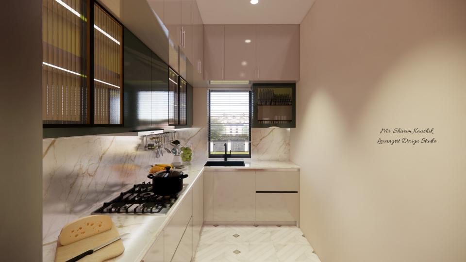 Kitchen layout showing fridge placement from one angle, cooktop with chimney above a 2-drawer base unit on the right, and sink area with GTPT unit near the window for organized wet dish storage.