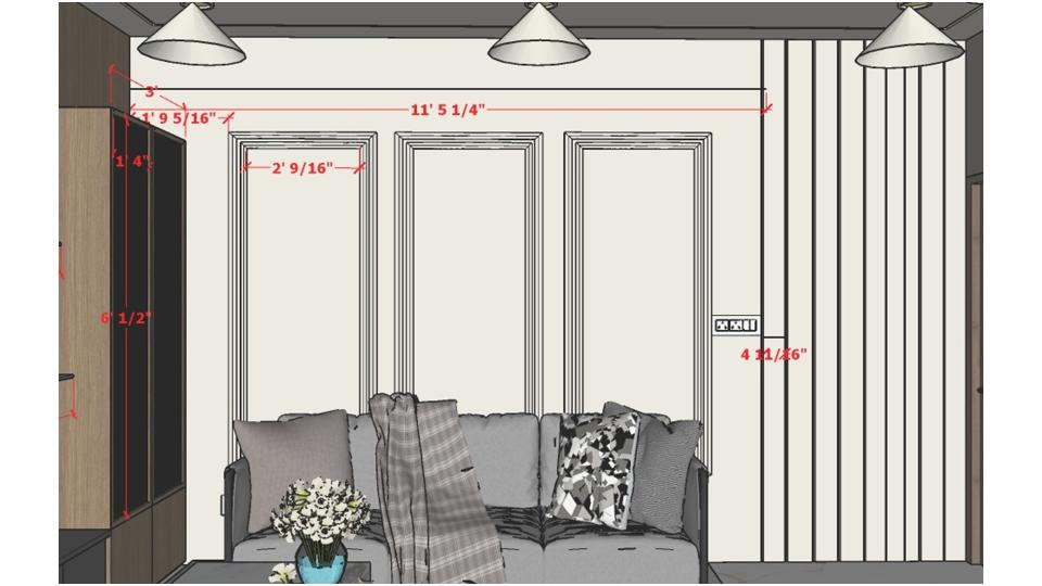Image of the master bedroom displaying a comfortable seating area with a chaise lounge, side table, and a lamp against a decorated walll 2d dimensions