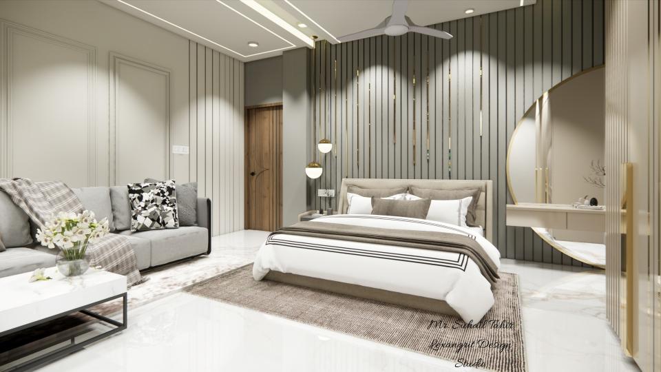 Image of the master bedroom featuring a luxurious bed with a tufted headboard, bedside tables, and pendant lights against an accent wall