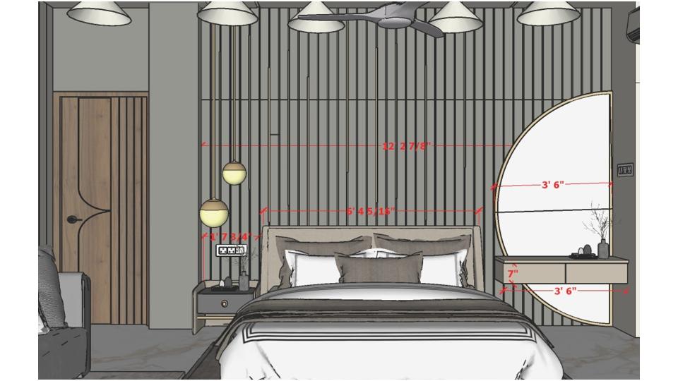 Image of the master bedroom highlighting a spacious wardrobe with sliding doors and a half moon shape mirror 2d dimensions