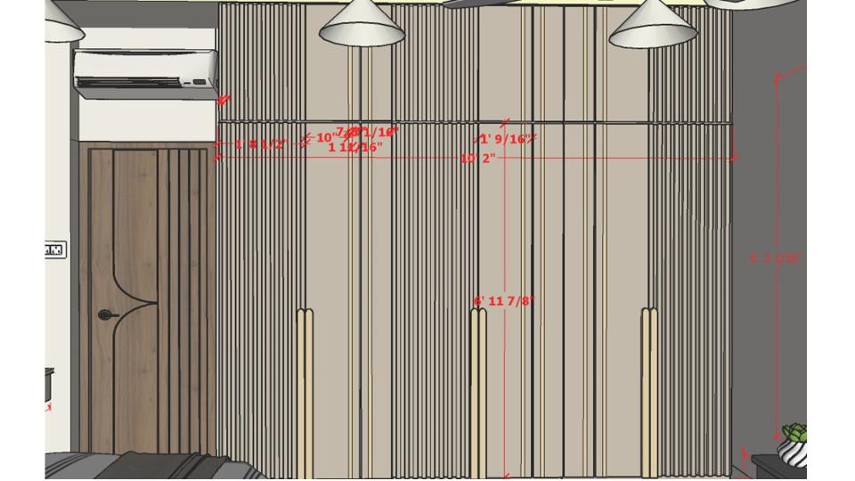 Image of the master bedroom highlighting a spacious wardrobe with sliding doors and a half moon shape mirror entrance  2d dimensions