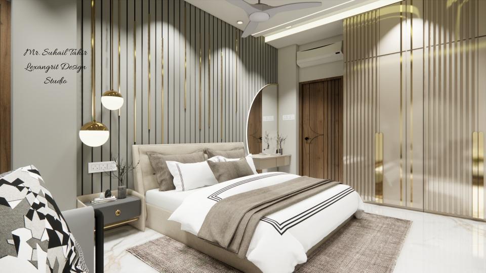 Image of the master bedroom highlighting a spacious wardrobe with sliding doors and a half moon shape mirror entrance