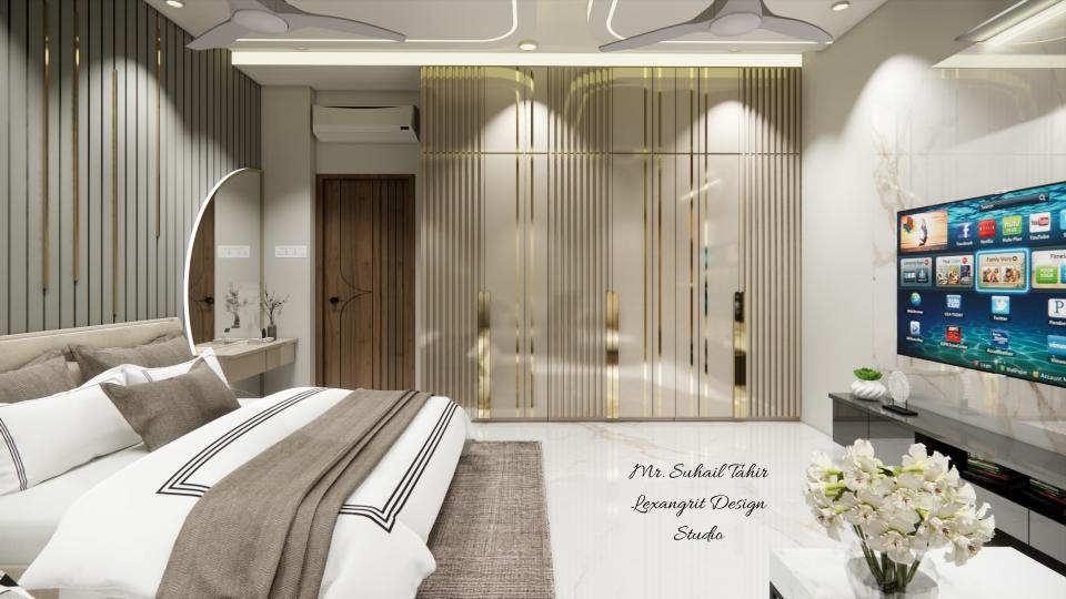 Image of the master bedroom highlighting a spacious wardrobe with sliding doors and a half moon shape mirror entrance