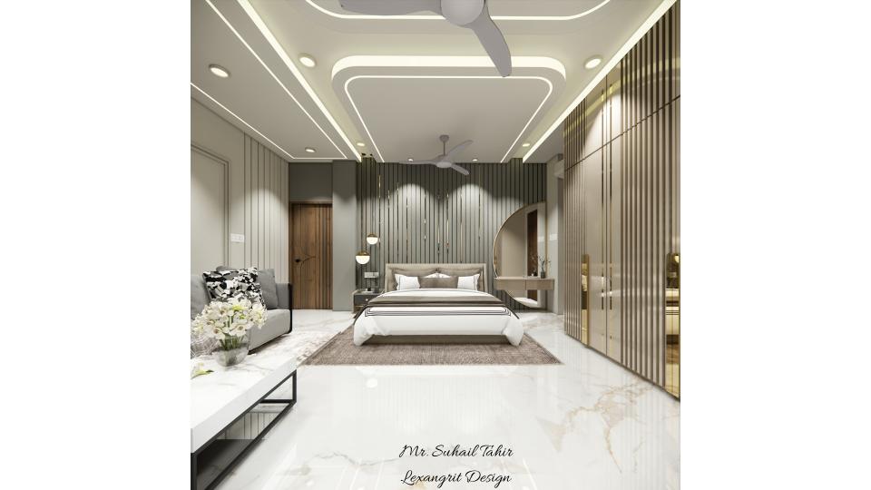 Image of the master bedroom highlighting a spacious wardrobe with sliding doors and a half moon shape mirror zoom out  view