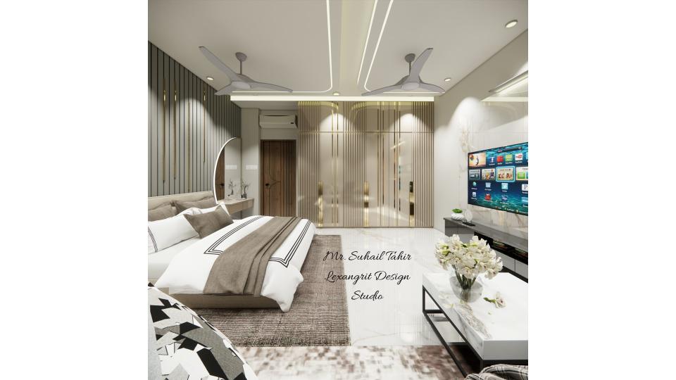 Luxurious master bed room all furniture & false ceiling view