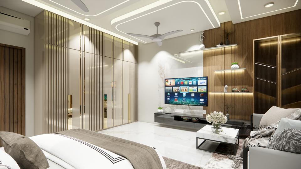 Luxurious master bedroom & luxurious sliding wardrobe with tv unit storage,book self