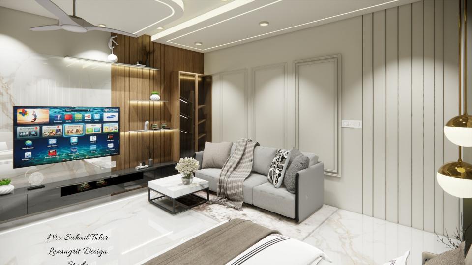 Luxurious master bedroom seating area front of center table & sleek tv unit some storage & book self
