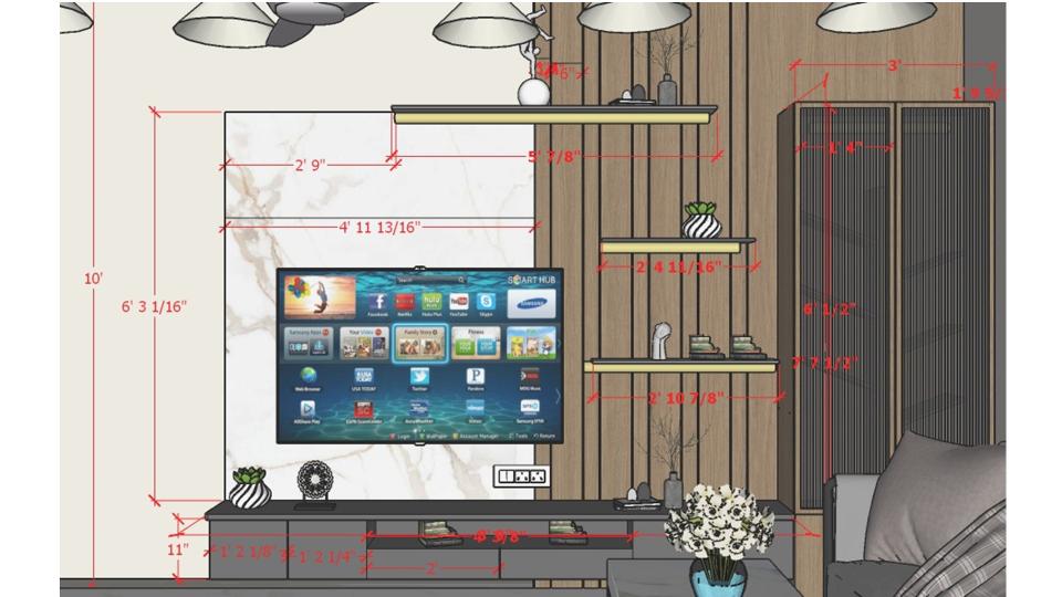 Luxurious master bedroom tv unit view & 4 seater luxurious lofa  front of center table 2d dimensions