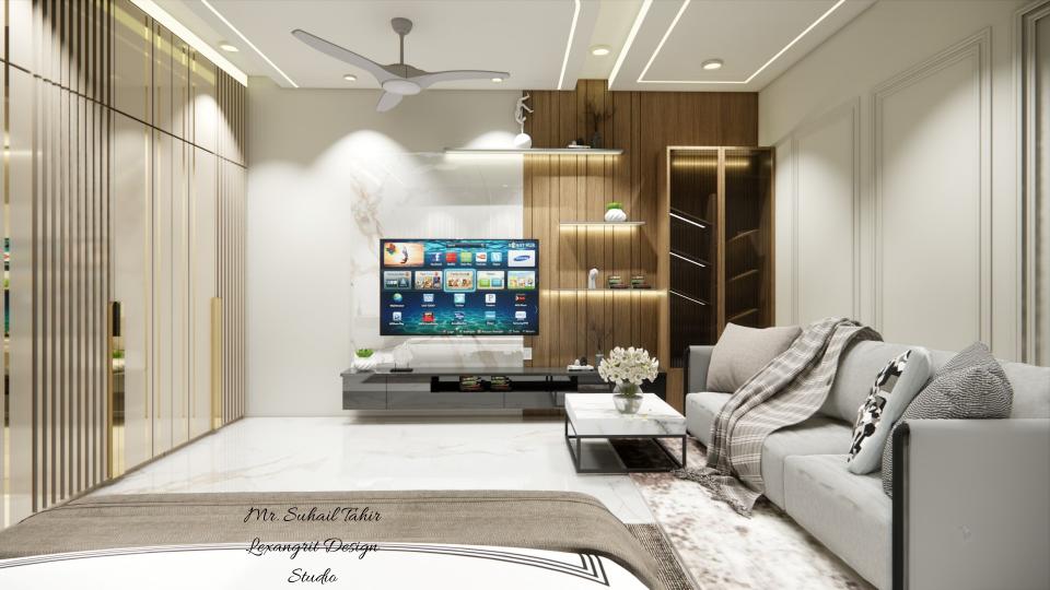 Luxurious master bedroom tv unit view & 4 seater luxurious lofa  front of center table