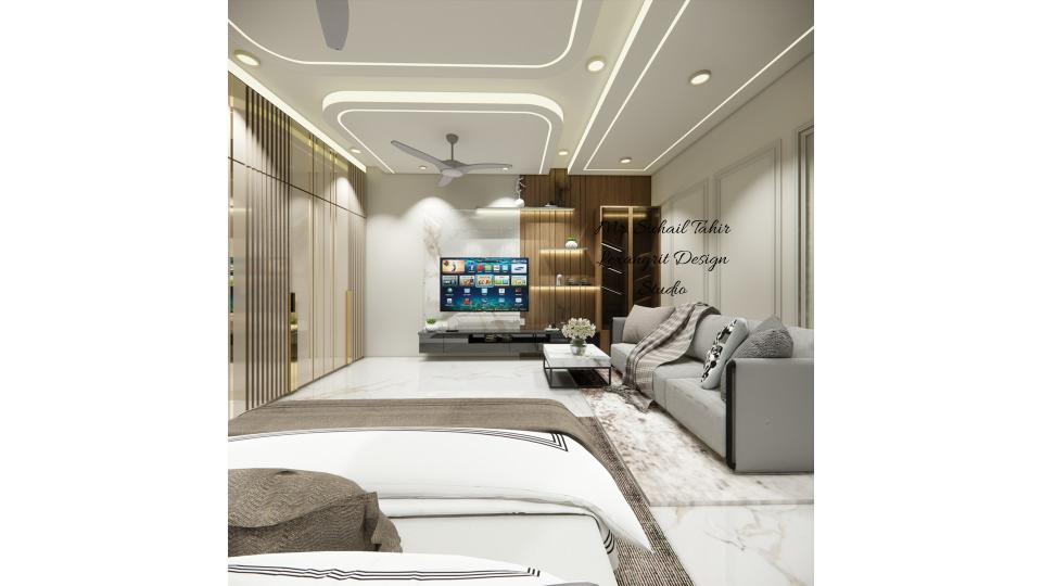 Luxurious master bedroom tv unit view & 4 seater luxurious lofa  front of center table zoom out view