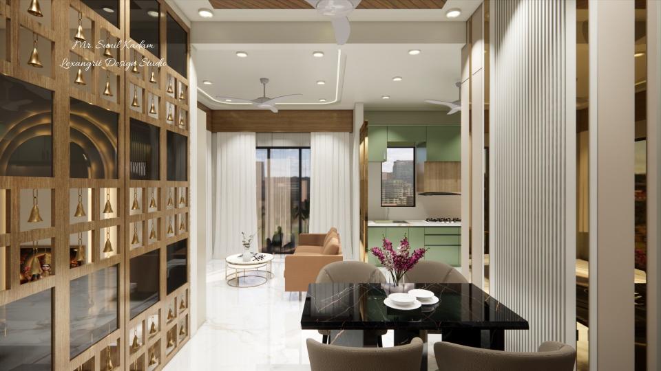 4seater dining table and showing living area,kitchen,puja room