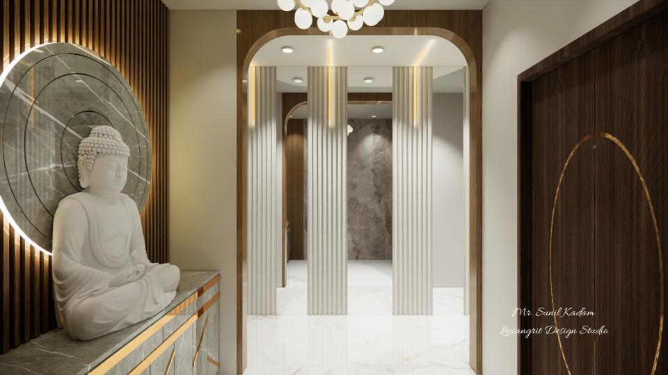 Entrance door and buddha statue ,decorative wall