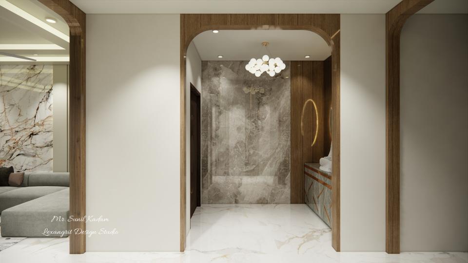 Entrance foyer area designing chandelier and decorative wall design