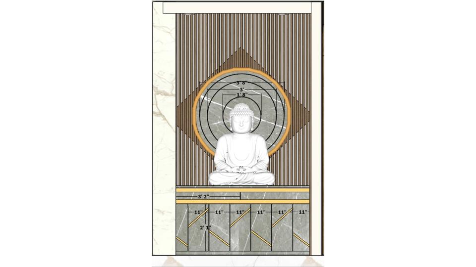 Foyer area buddha statue and chandelier , decorative louvers design  2d dimensions