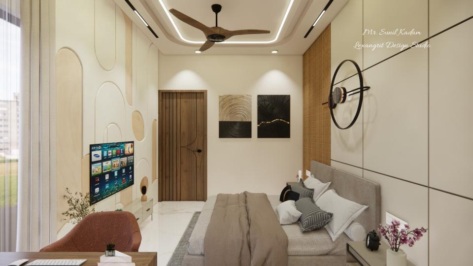 Image of the master bedroom featuring a luxurious bed with a tufted headboard, bedside tables, and pendant lights against an accent wall 2d dimensions