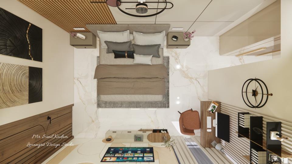 Image of the master bedroom featuring a luxurious bed with a tufted headboard, bedside tables, and pendant lights against an accent wall