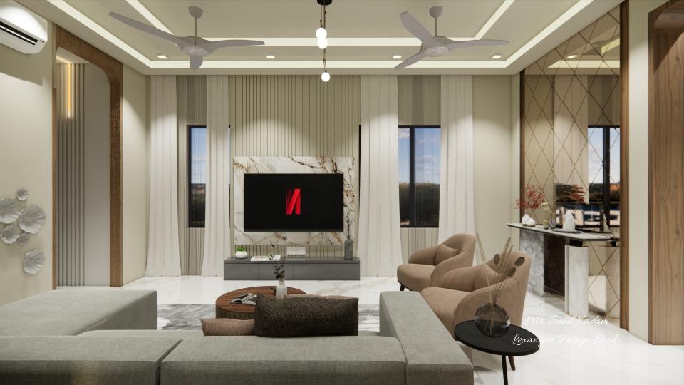 Living room  comfortable seating area front of the center table and decorative tv unit wall