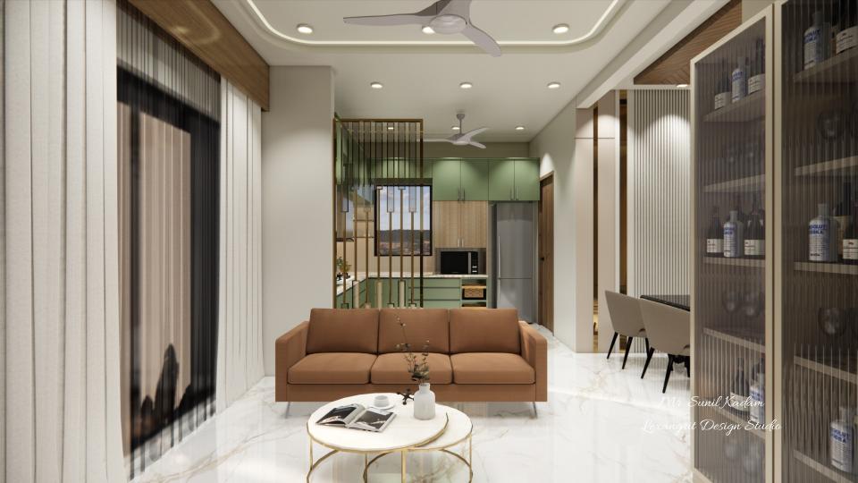 Living room showcasing a comfortable seating area with a small sofa, coffee table, and a stylish gold metallic partition against a neutral-toned wall