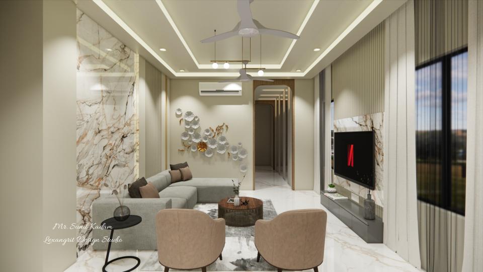 Living room showing large sofa set and sleek tv unit ,decorative wall