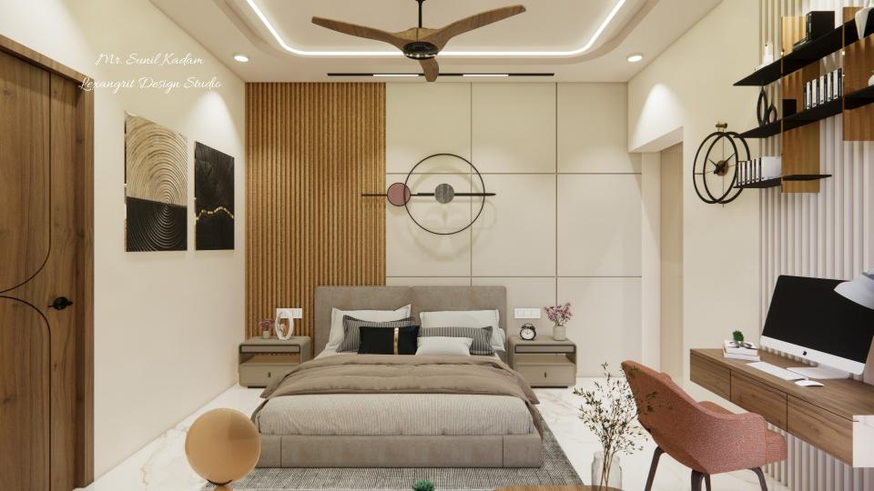 Master bed room bed side view headboards paneling & both side table 2d dimensions