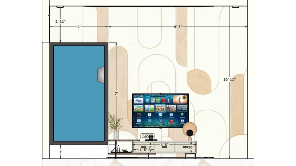 Master bed room small study table ,tv unit & some paneling  2d dimensions 2d dimensions