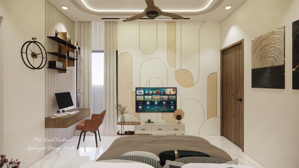 Master bed room small study table ,tv unit & some paneling  2d dimensions