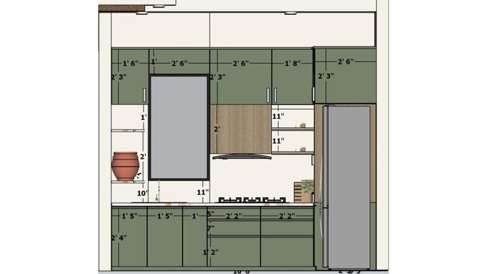 2D kitchen plan showing modular kitchen dimensions and kitchen cabinet layout plan with gas oven, sink unit, open shelves, wall units, and lofts in a detailed kitchen drawing with dimensions view.