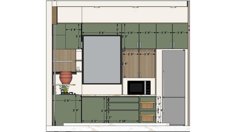 Modular kitchen green & wooden texture laminate and storage 2d dimensions