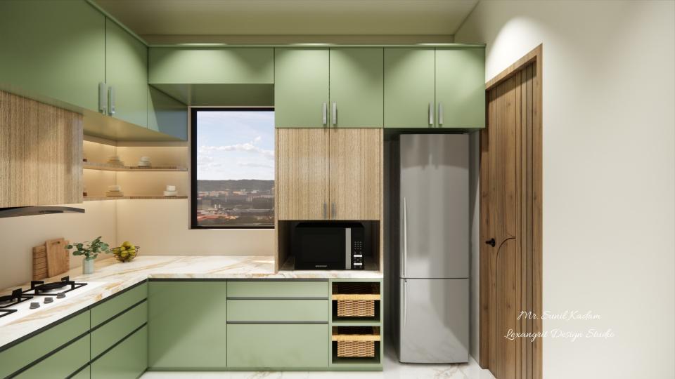 Modular kitchen green & wooden texture laminate and storage