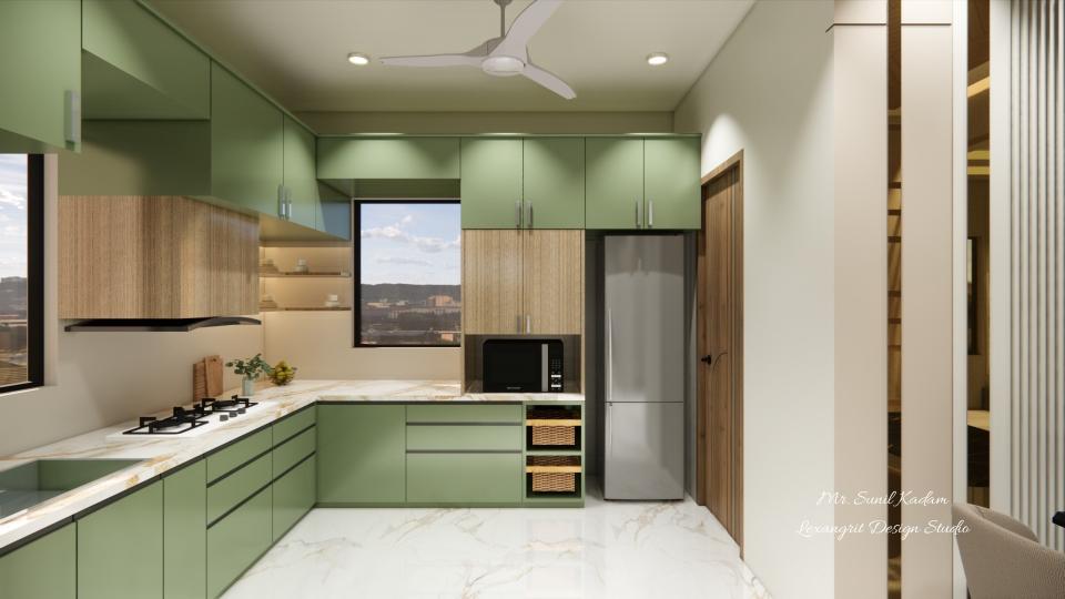 Modular kitchen green & wooden texture laminate and storage