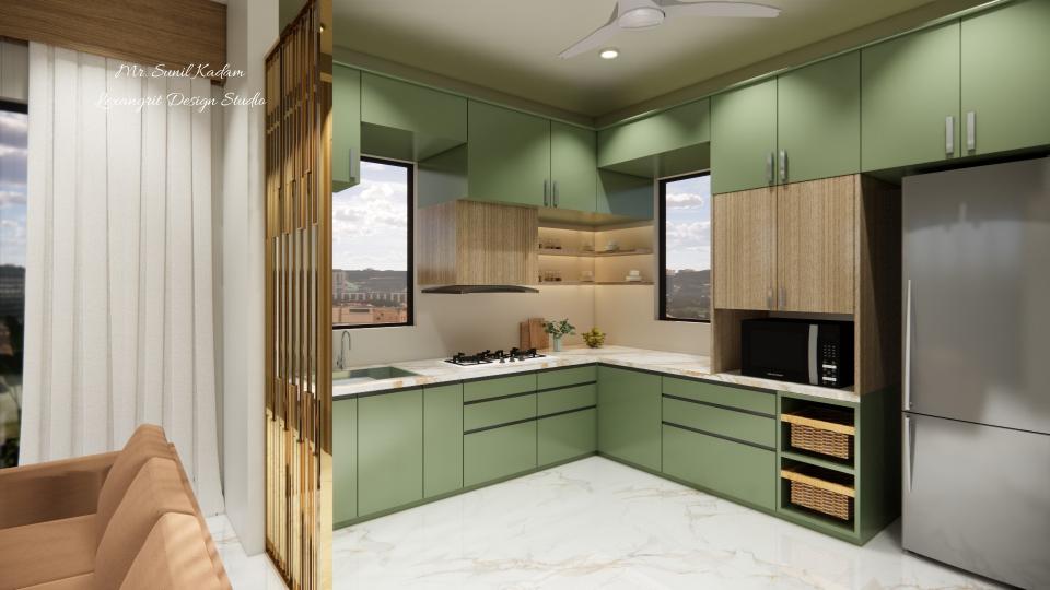 Modular kitchen green & wooden texture laminate and storage with gold metallic partition