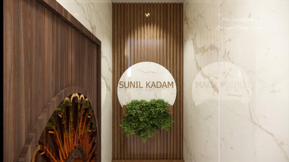 Entrance wall design with wooden textured PVC louvers, modern PVC name plate and a plant below, creating a stylish entry wall feature.