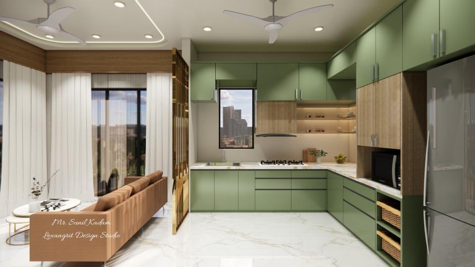 Showcasing kitchen area from living room with gold metallic partition