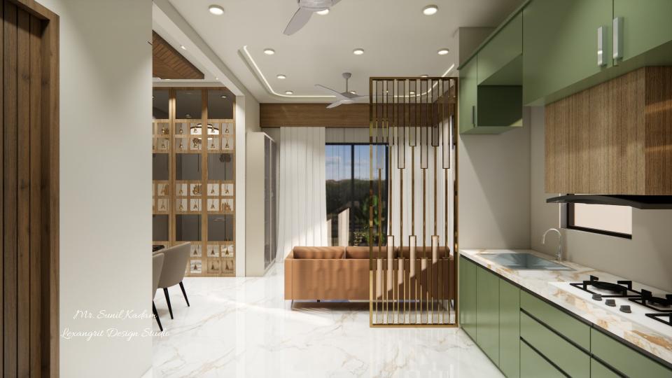 Showcasing kitchen from living area with gold metallic partition
