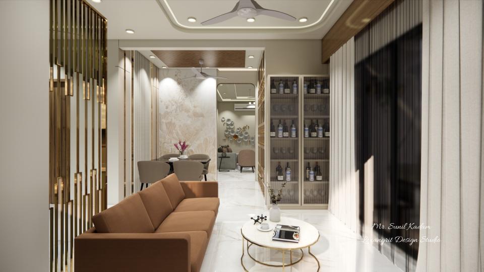 Showcasing seating area and center table, crockery unit