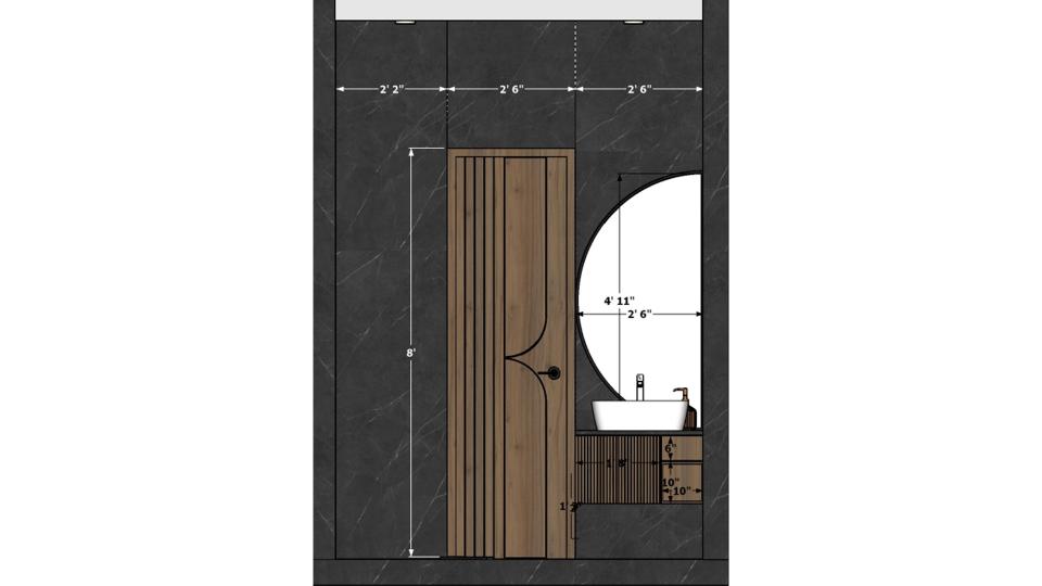 Showcasing toilet front of vanity unit with half moon shape mirror   2d dimensions