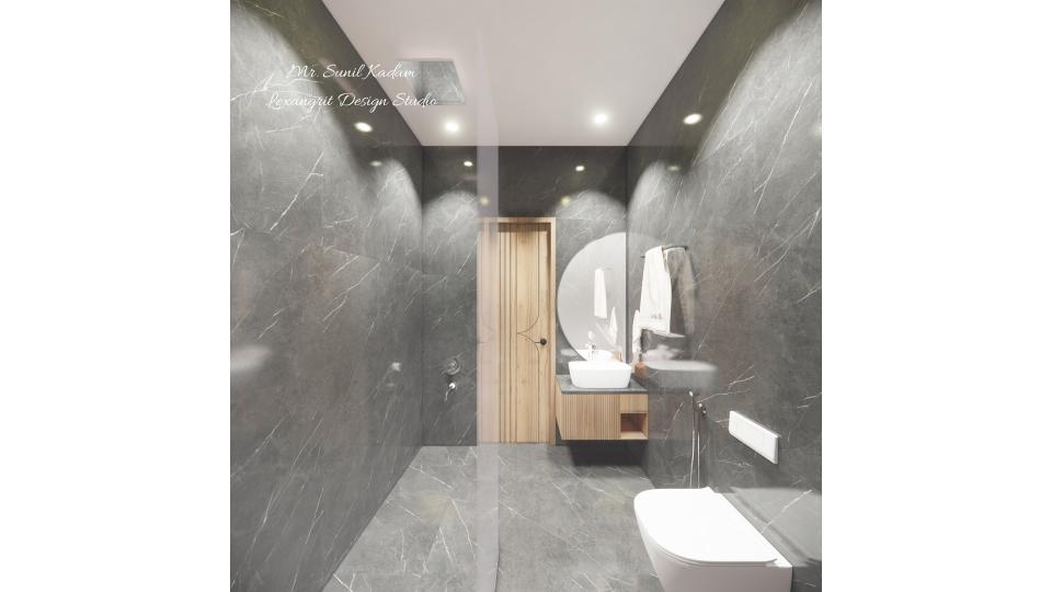 Showcasing toilet front of vanity unit with half moon shape mirror